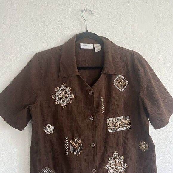 Alfred Dunner Womens Vintage 90s Brown Beaded Embroidered Fringe Blouse Size 8 - Picture 8 of 9
